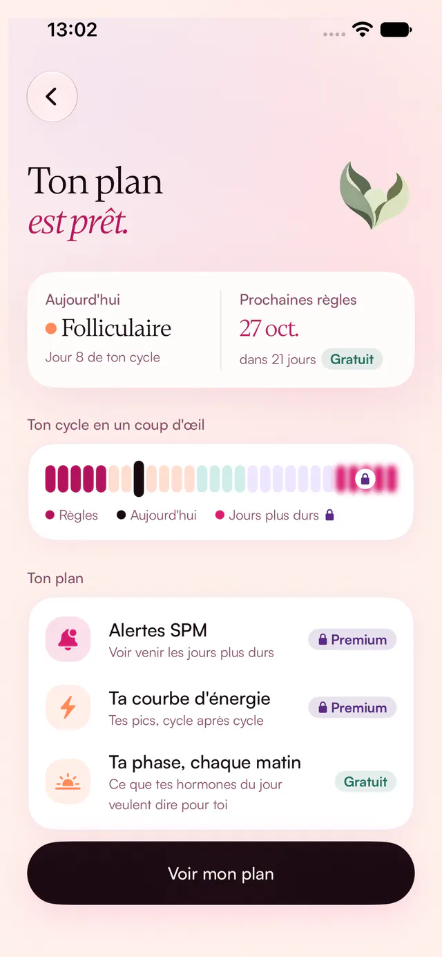 Luteal “Your plan is ready” screen: today in the follicular phase, next period on 27 October, cycle overview and plan cards