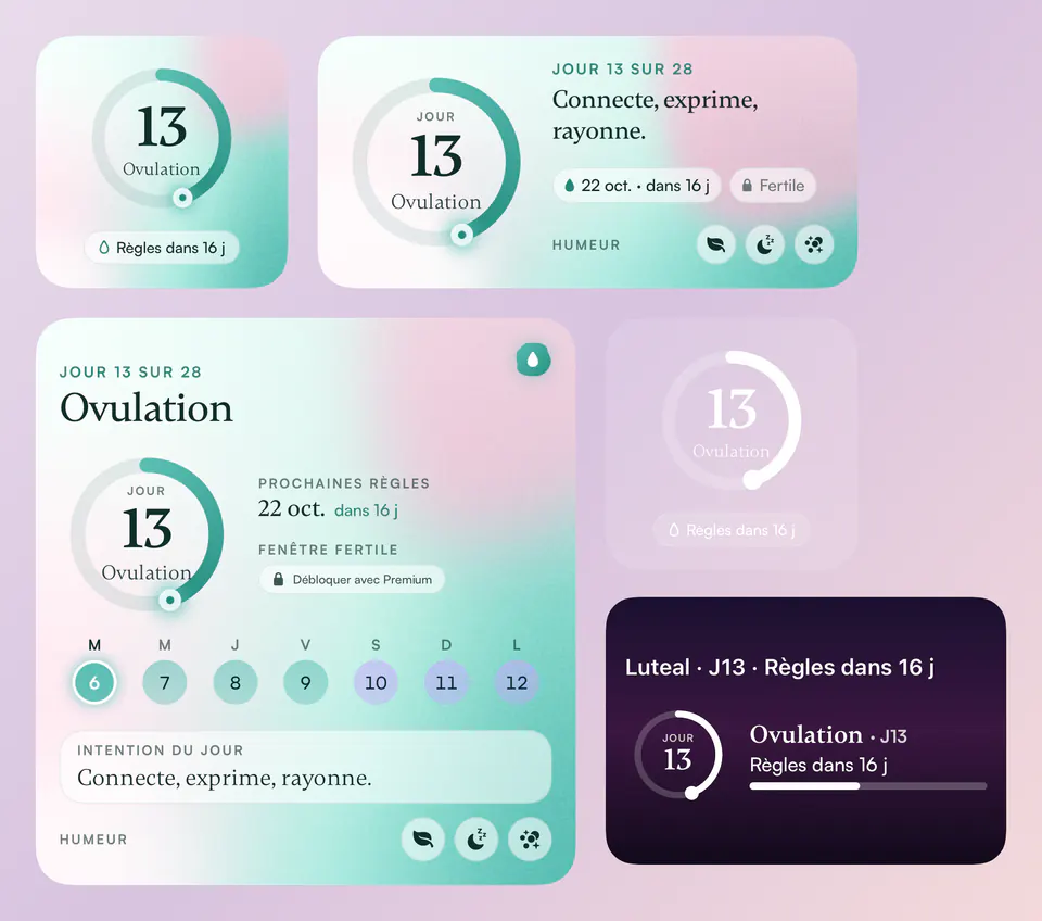 Luteal iPhone widgets in small, medium, large and Lock Screen sizes showing day 13 of 28, ovulation and next period in 16 days