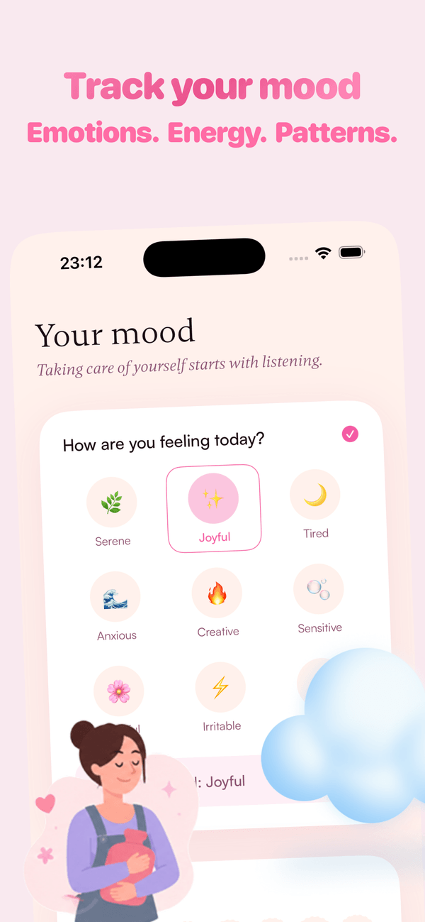 Luteal mood tracking screen showing emotion selection grid with Joyful selected