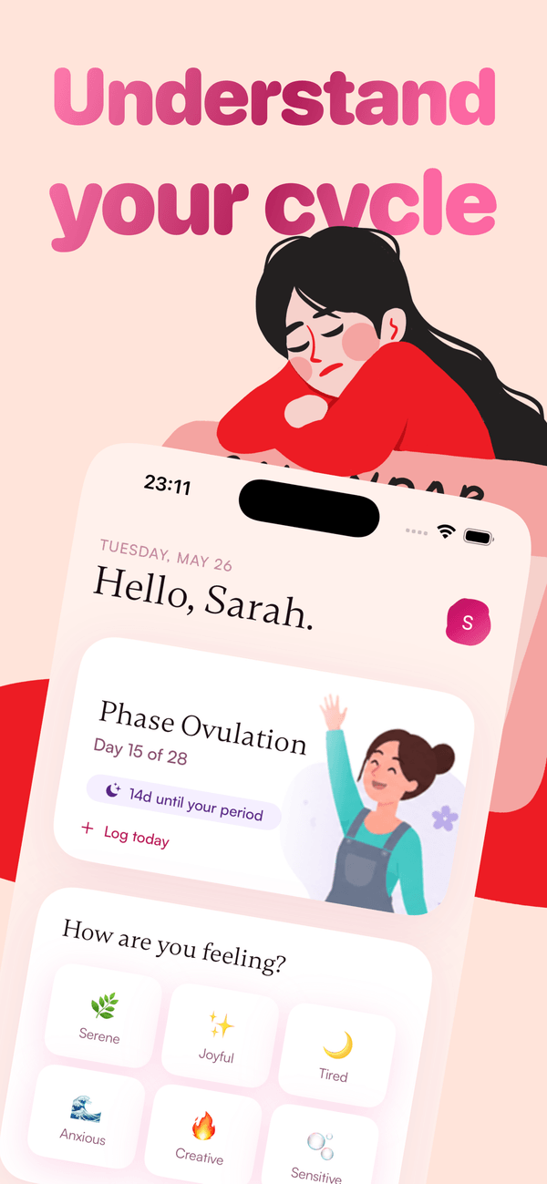Luteal app showing daily cycle phase, mood check-in and insights